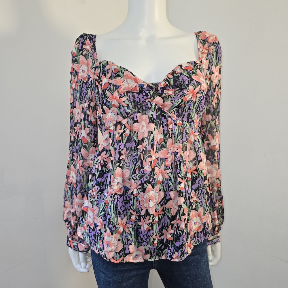 Nasty Gal Blouse Size 6 Floral Sweetheart Twist Neck Lightweight Peplum Sexy